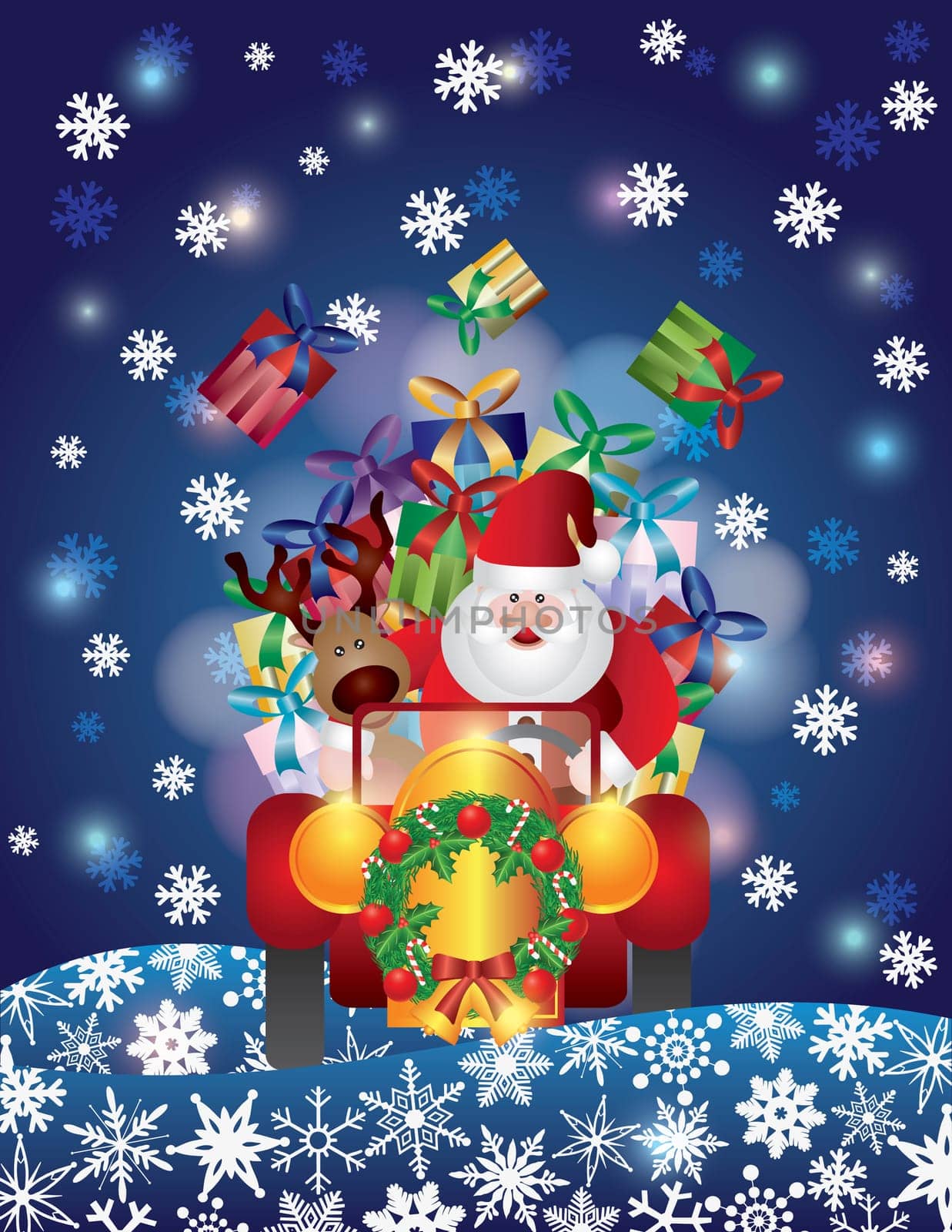 Santa Reindeer Driving in Classic Vintage Car Night Scene with Snowflakes Background Illustration