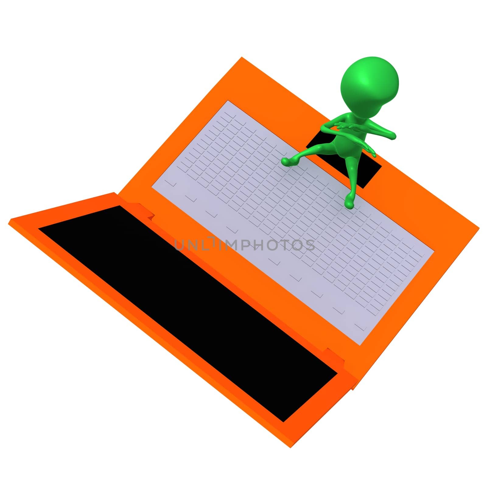 Over view puppet express fear before laptop screen