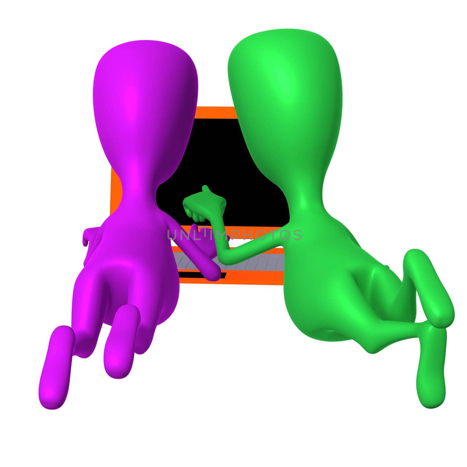 Behind view puppet students searching information by laptop