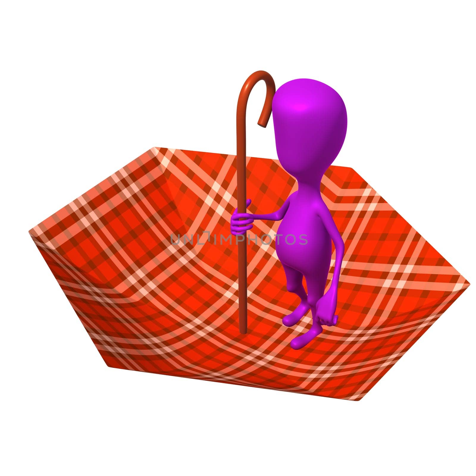Over view puppet  standing in inverted squared umbrella
