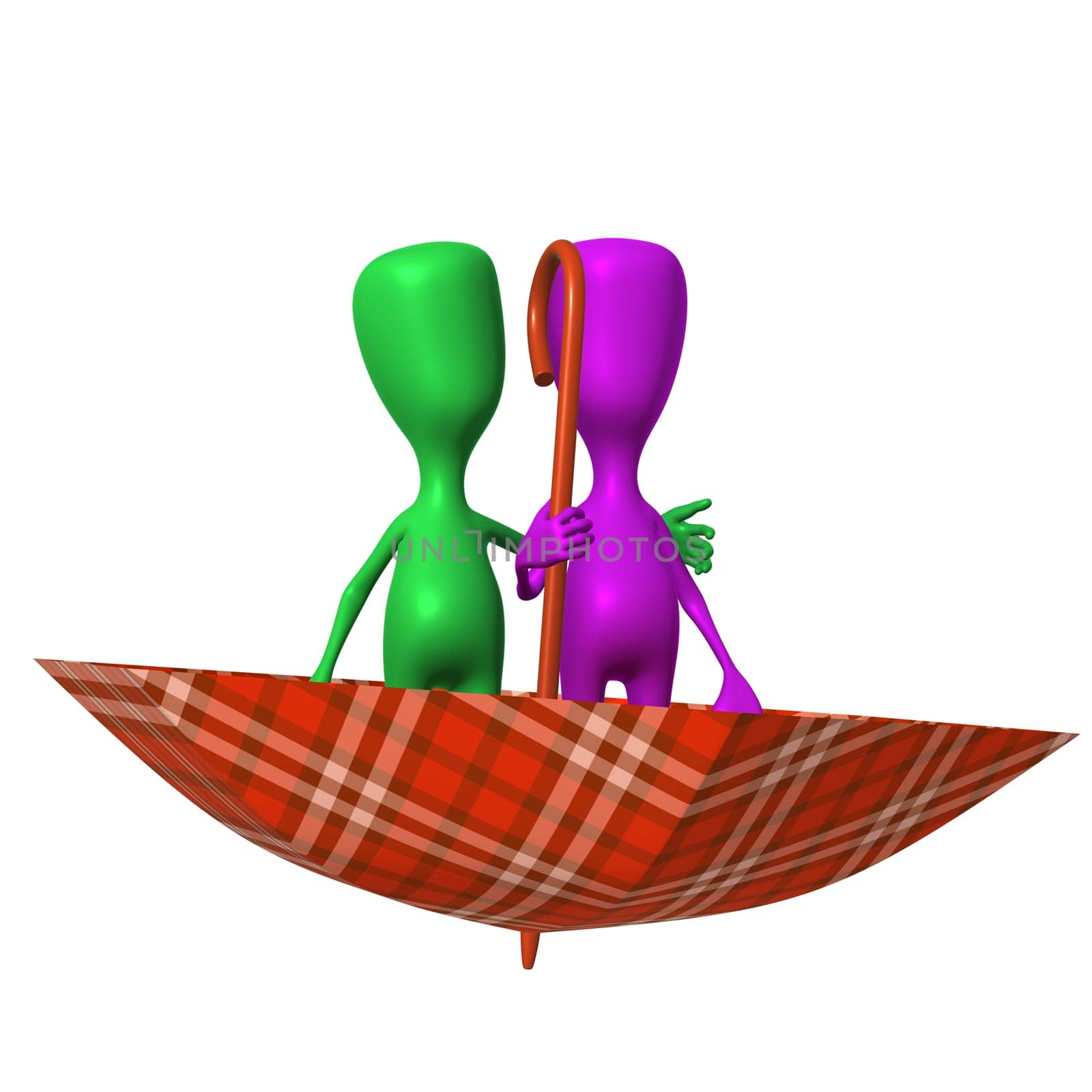 Front view puppets  standing in inverted squared umbrella