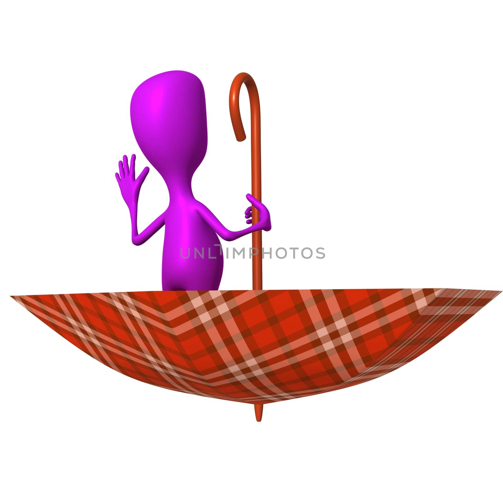 Behind view puppet  welcomes from inverted squared umbrella