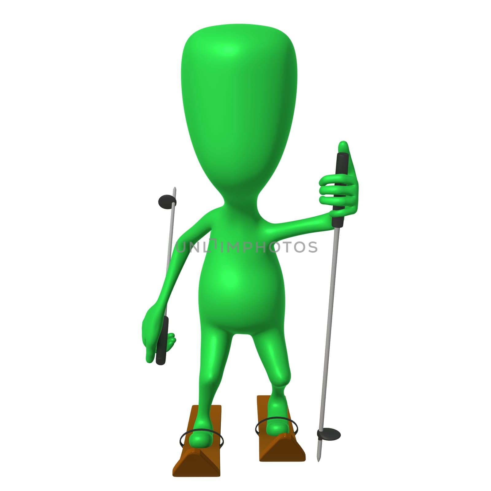 Front view green puppet ski on white snow