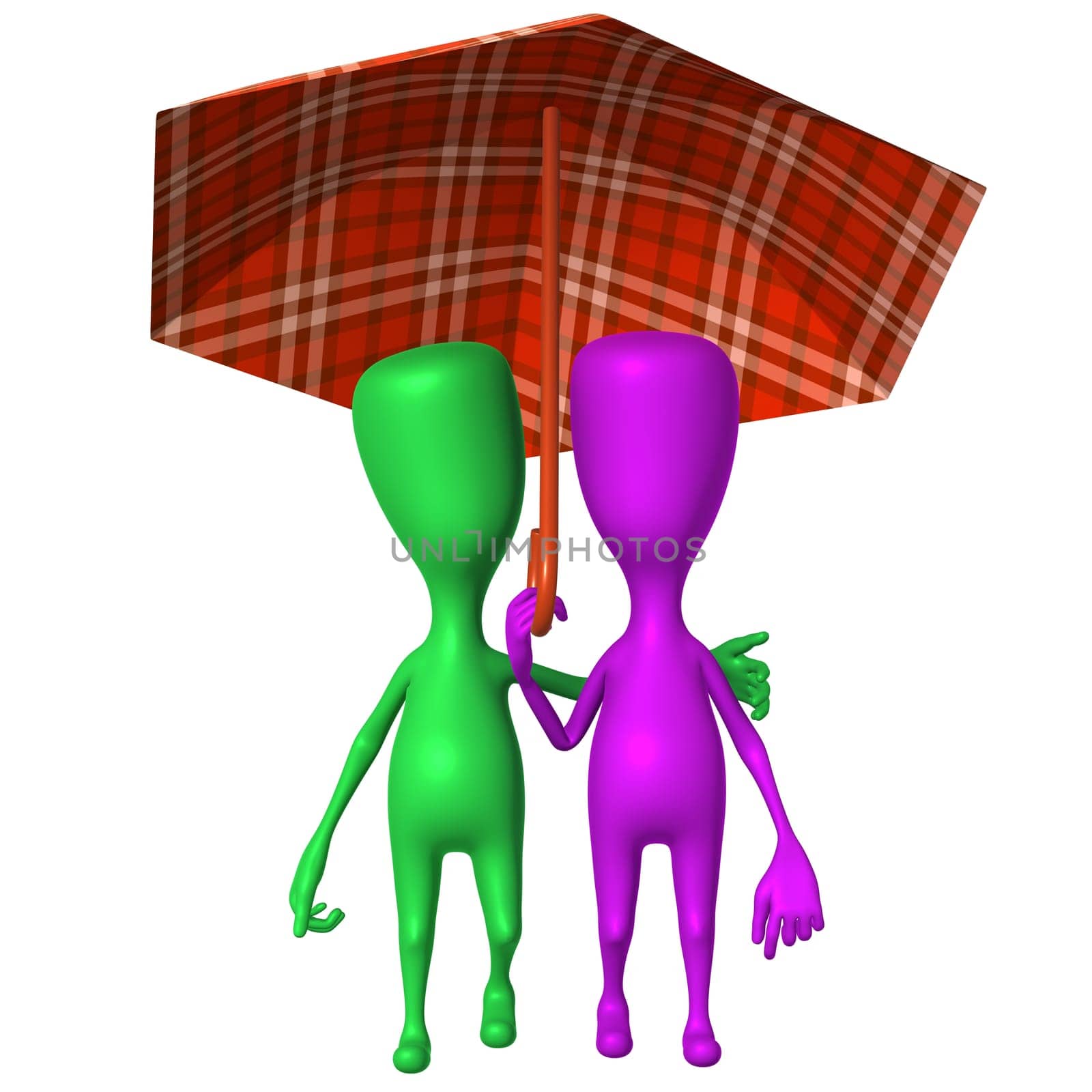 Front view puppets walking in park under umbrella