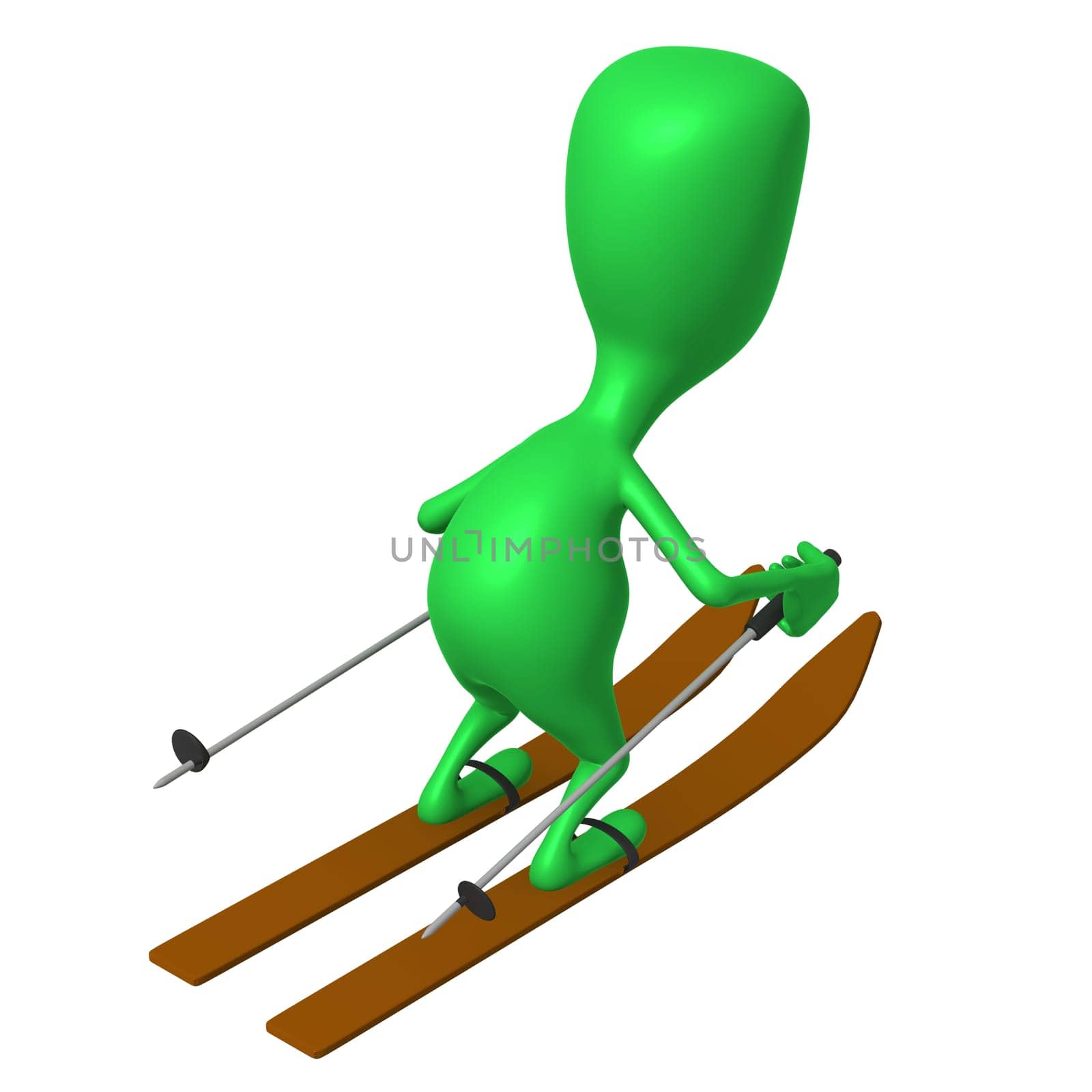 Behind view green puppet glide through snowy mountine