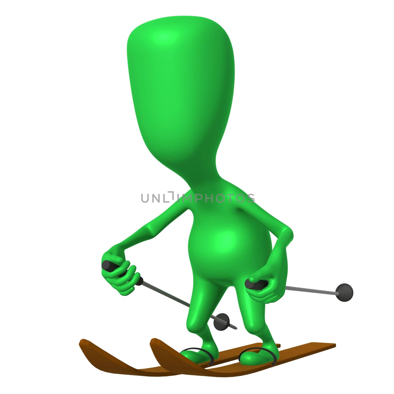 Angle view green puppet glide through snowy mountine