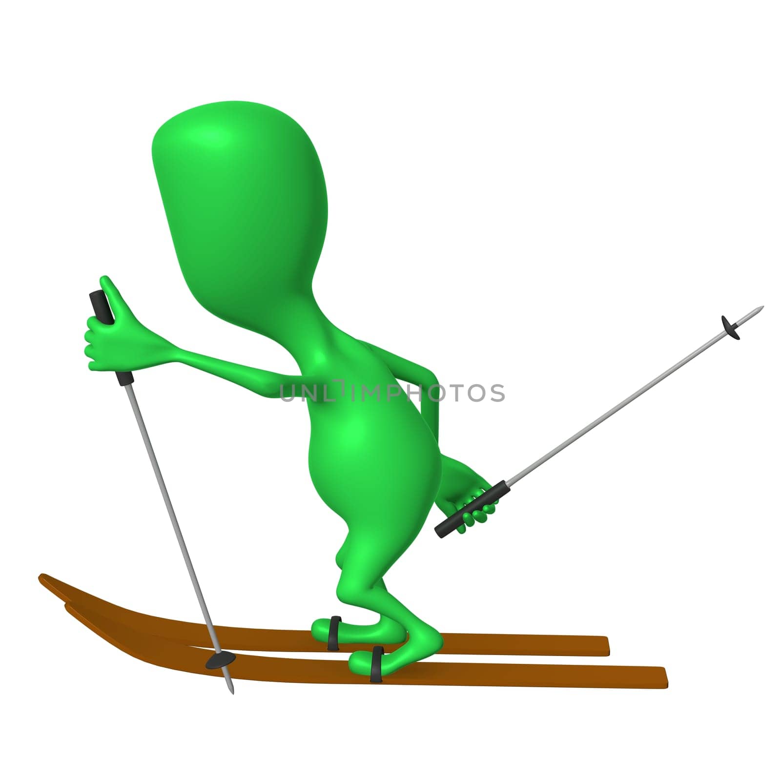 Side view green puppet ski on white snow