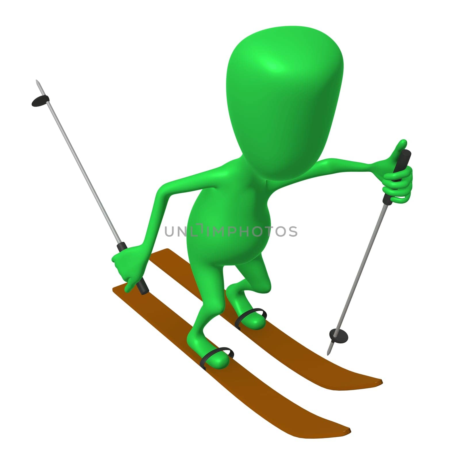 Over view green puppet ski on white snow