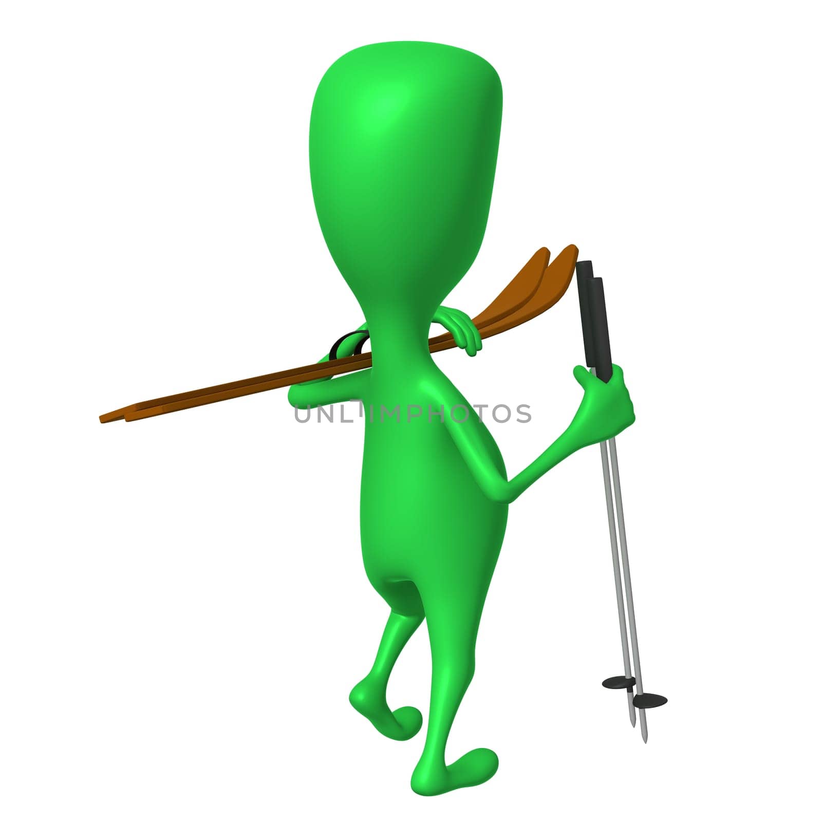 Behind view green puppet with skis on shoulder