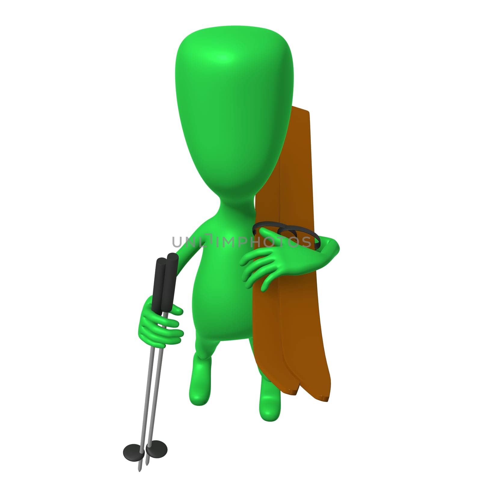 Front view green puppet with skis on shoulder