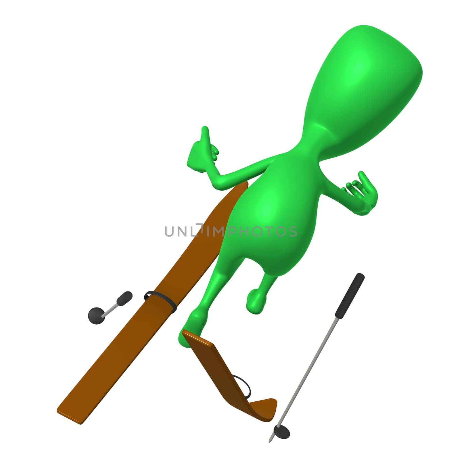 Behind view green puppet craching on ski gliding