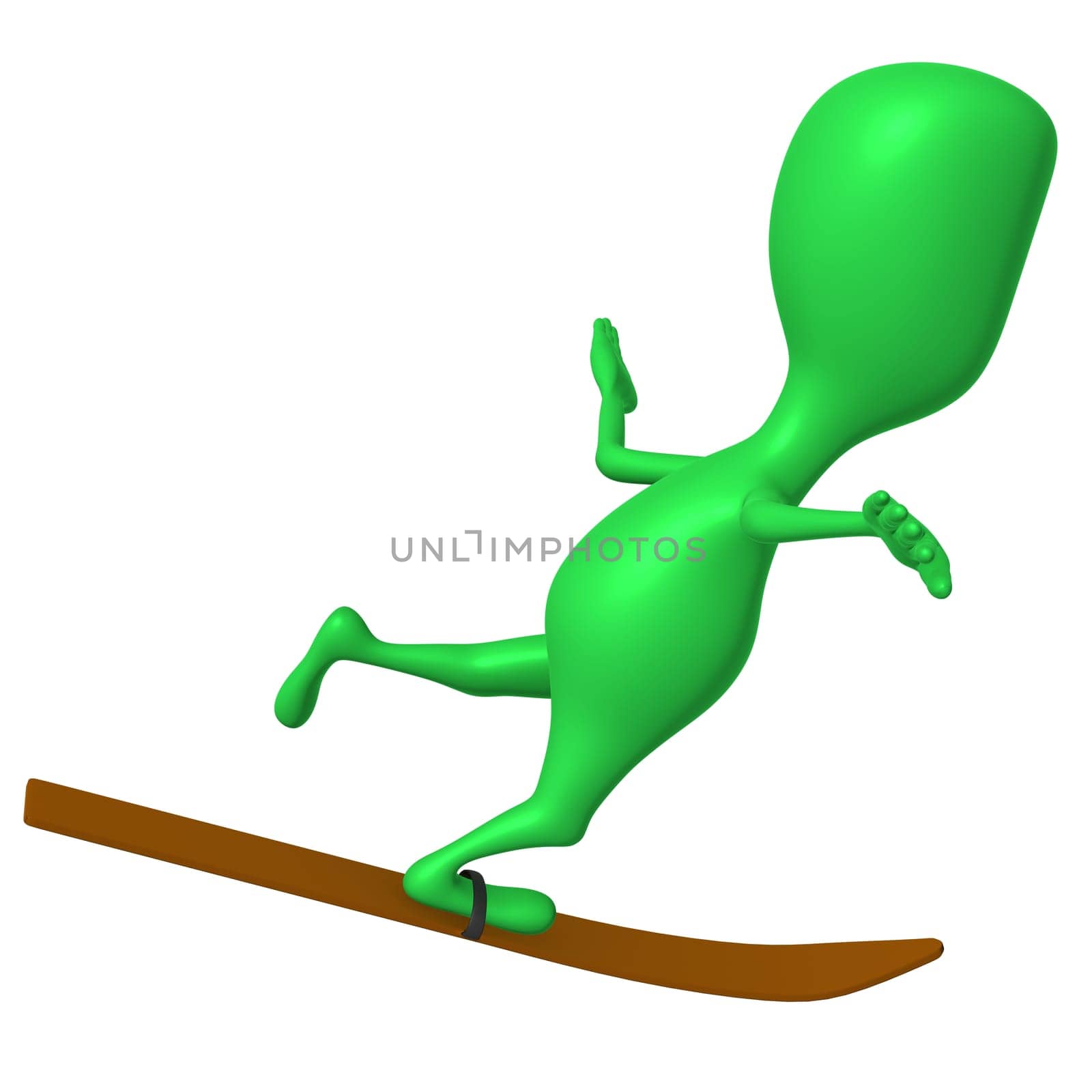 Side view green puppet glide on one ski