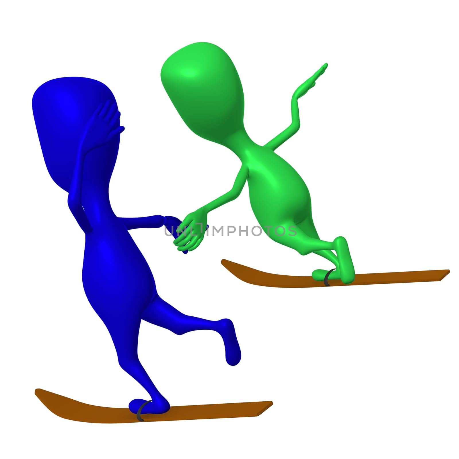 Side view puppets glide on one ski both