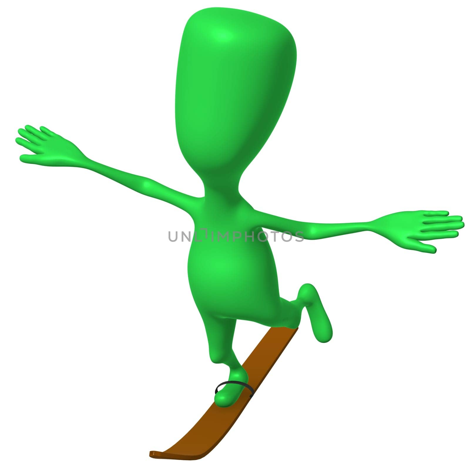 Angle view green puppet glide on one ski