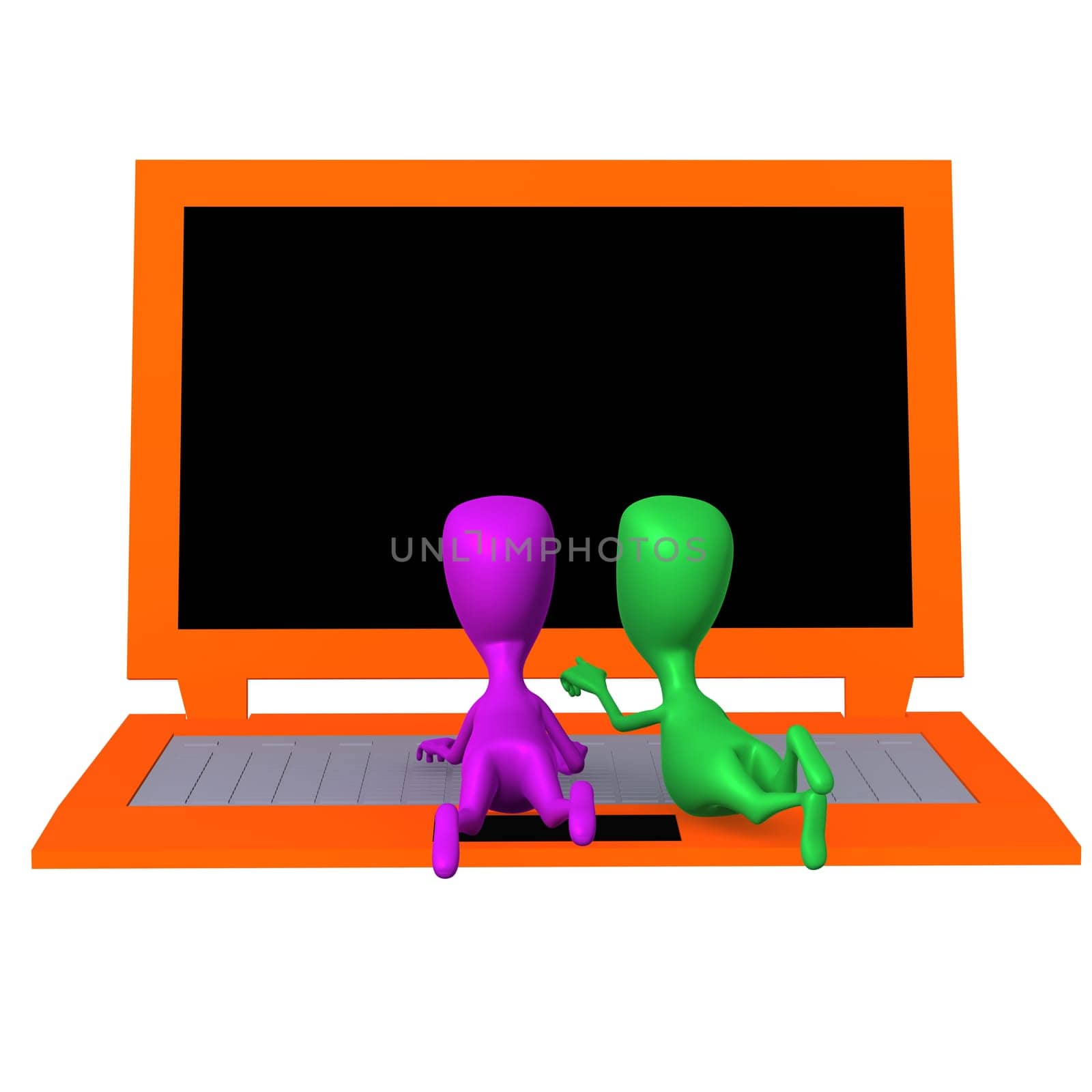 Behind view reduced puppets search information by laptop