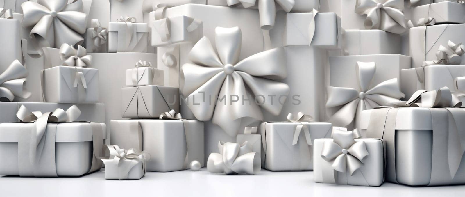 space fly white decoration happy new christmas present ribbon decor concept holiday box gold banner card surprise celebration gift copy sale. Generative AI.