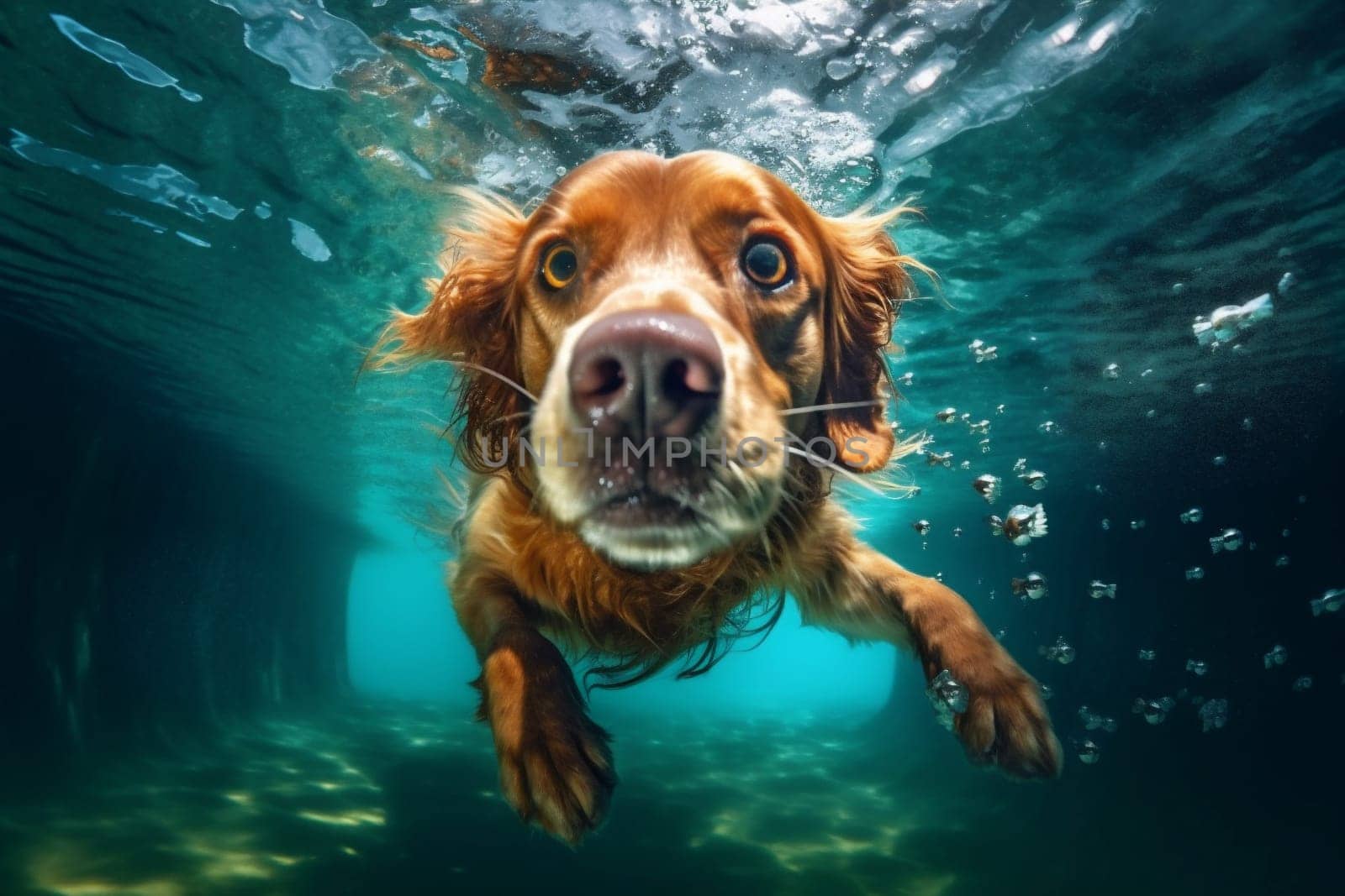 vacation dog puppy snorkeling pool water underwater funny swimming fun. Generative AI. by Vichizh