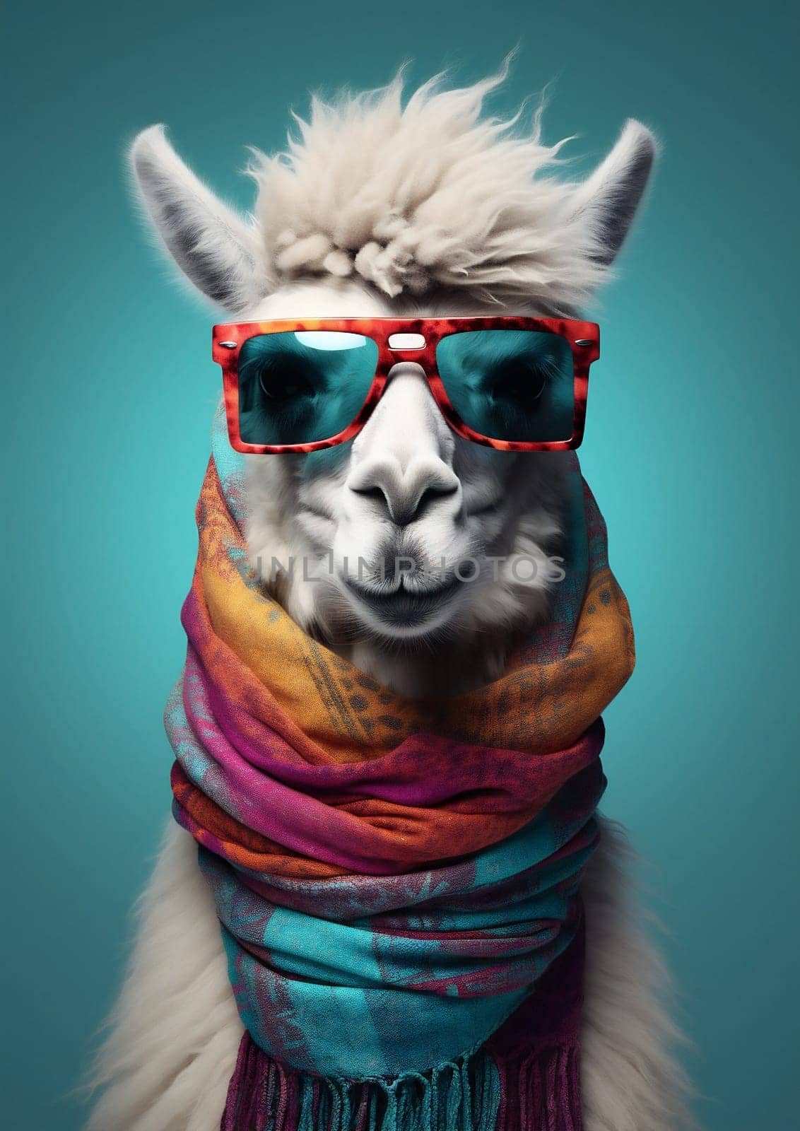 Cute stylish alpaca portrait of llama wearing glasses on blue background wearing glasses and scarf, fashion by Vichizh