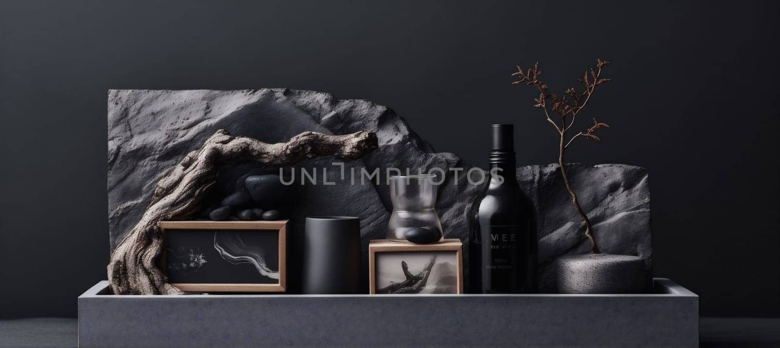 trendy branch design bottle empty background nature plant layout rock wooden natural cactus concept tree creative product exhibition template tree beauty cosmetic. Generative AI.