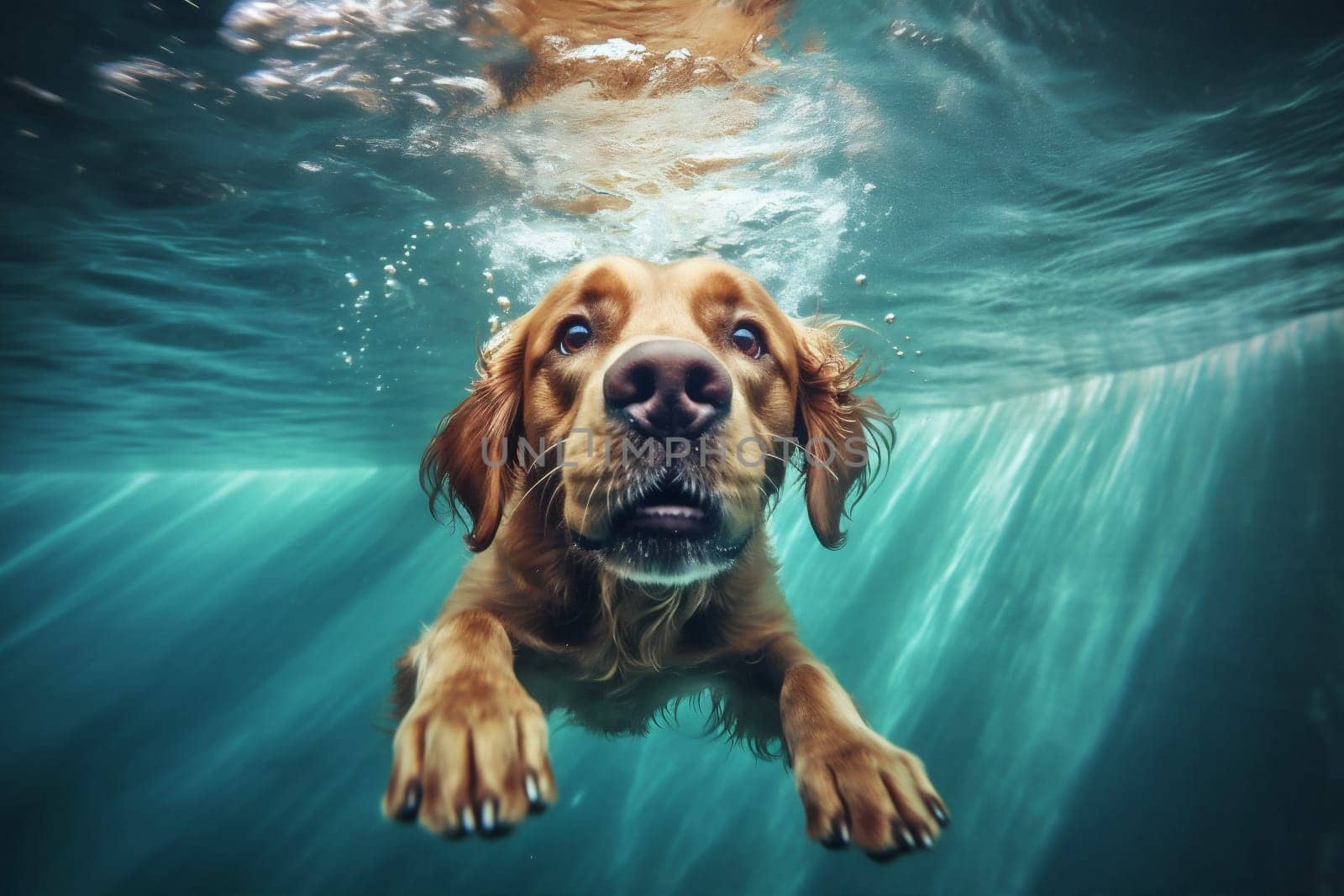 dog swimming pool vacation fun snorkeling underwater funny puppy water. Generative AI. by Vichizh