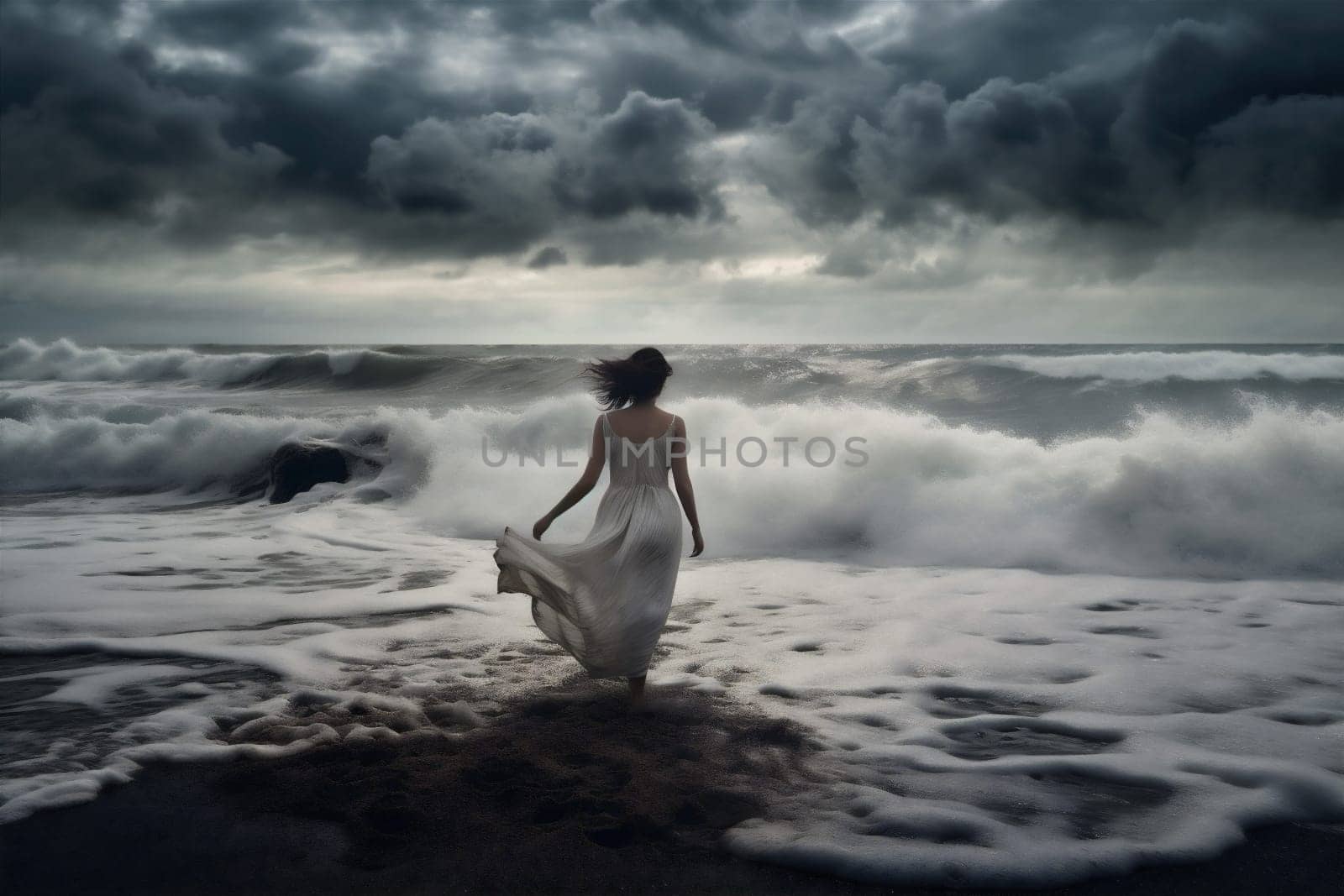 sky woman storm summer ocean nature sea cloud beach dress ai. Generative AI. by Vichizh