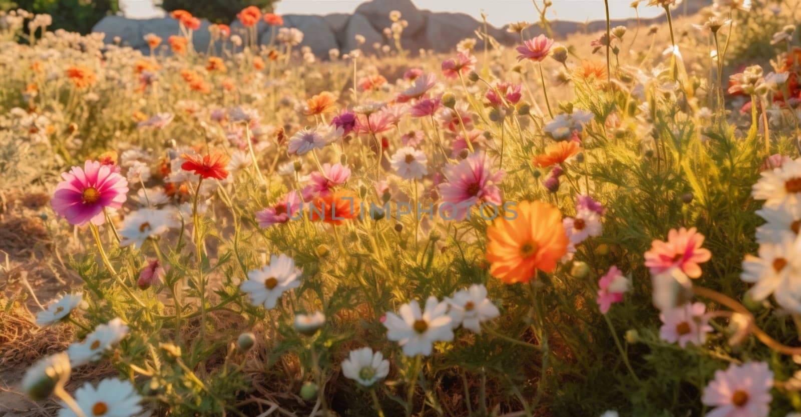 nature background floral sunny pink white blossom sunlight flower blooming countryside vintage summer season wild field meadow beautiful violet sunset green. Generative AI.