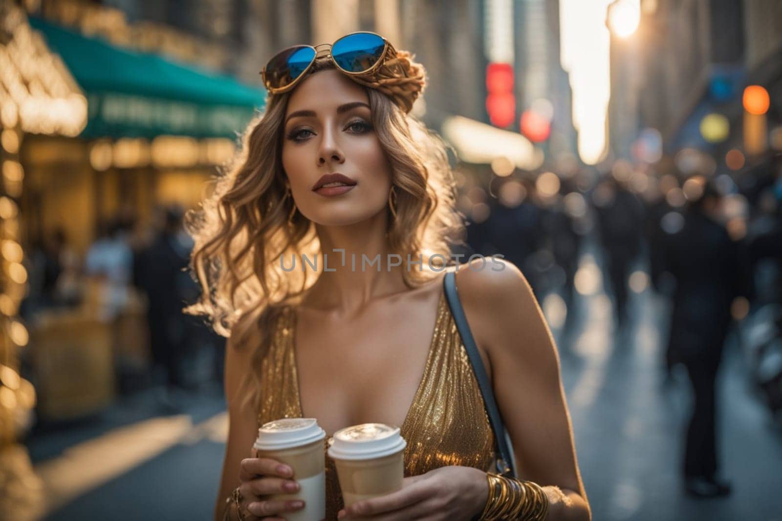 A vibrant fit tall young woman walking , sun glasses, holding cappuuccino, elegant, New York City by verbano