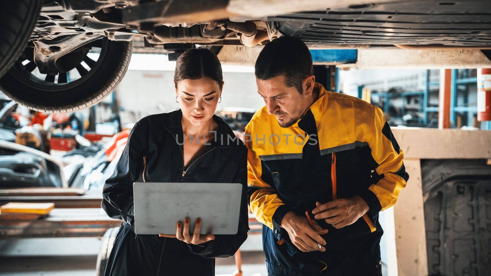 Two vehicle mechanic working together underneath lifted car, conduct car inspection with laptop. Automotive service technician in uniform carefully make diagnostic troubleshooting. Panorama Oxus