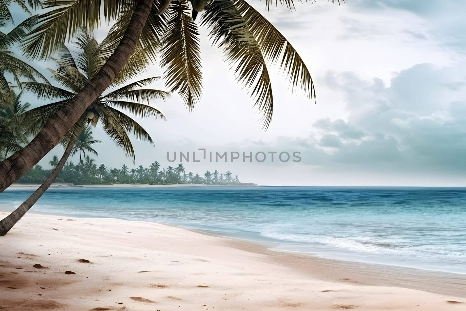 tropical beach view with white sand, turquoise water and palm tree at stormy day. Neural network generated photorealistic image. Not based on any actual scene or pattern.