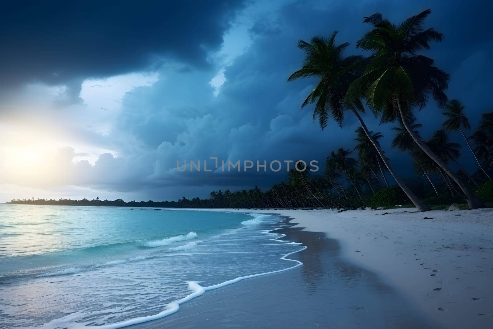 tropical beach view with white sand and palm trees at stormy evening. Neural network generated image. Not based on any actual scene or pattern.