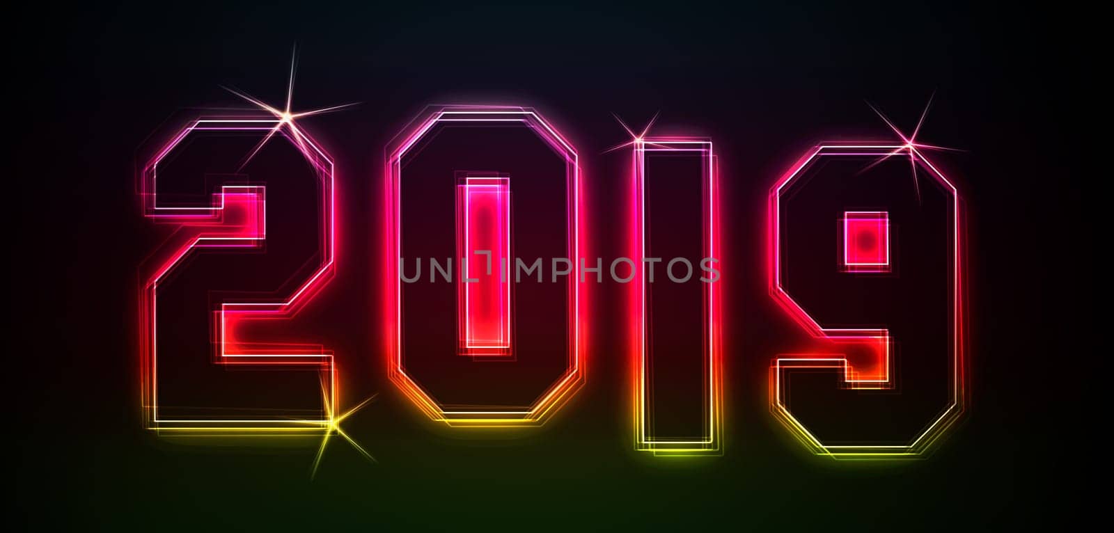 2019 as an illustration in neon light style