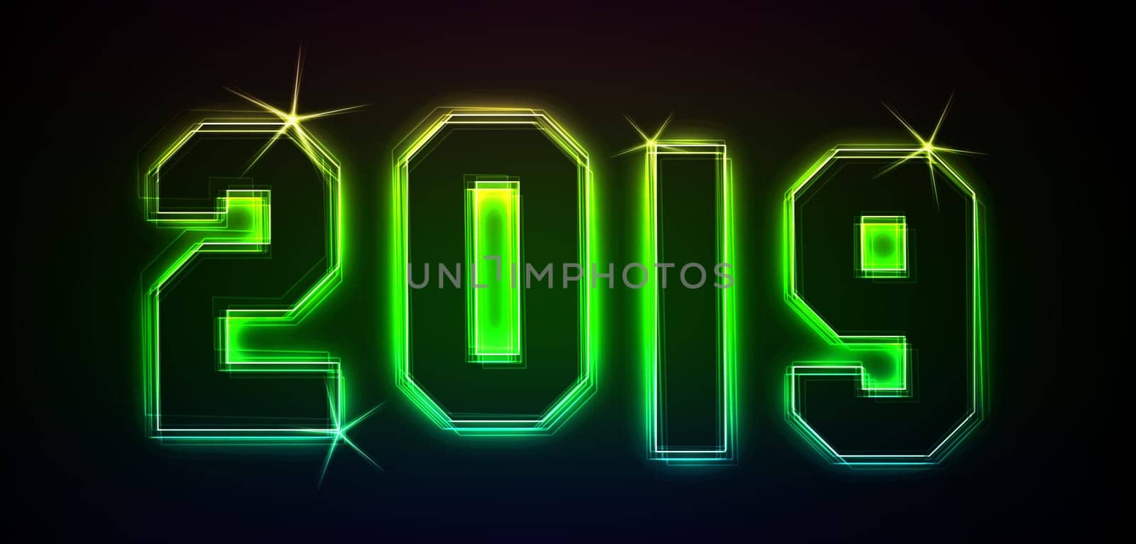 2019 as an illustration in neon light style
