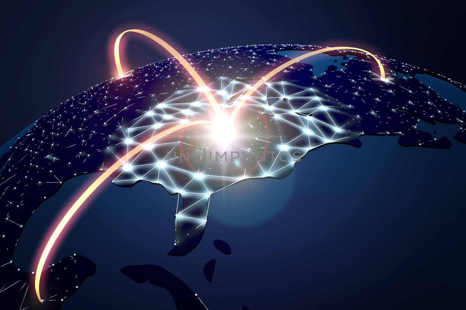 Light arches flying out of the earth and populating until the whole earth is networked and brightly and becomes lit.