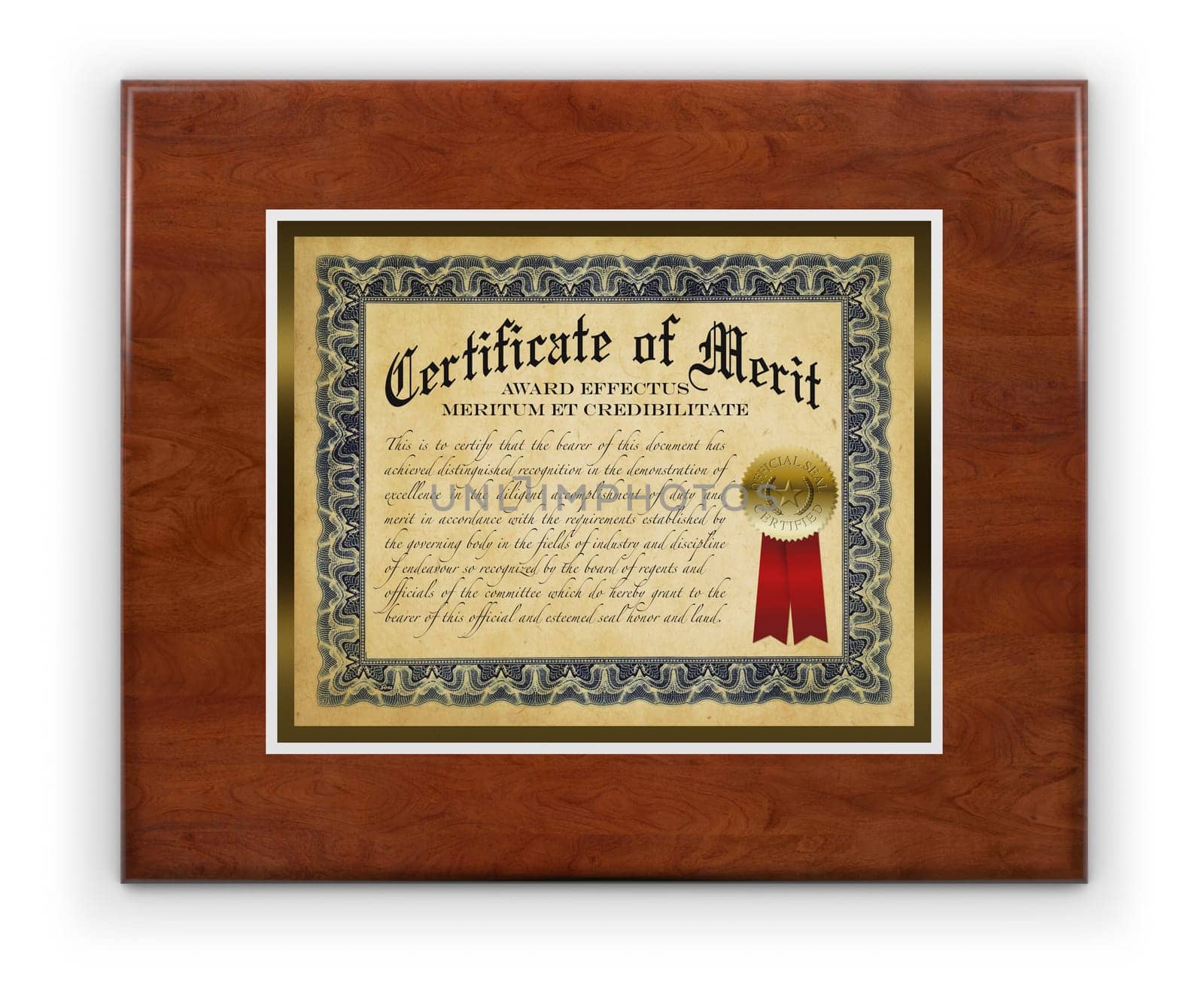 Award certificate laminated on wood hanging on a white wall, isolated with a clipping path