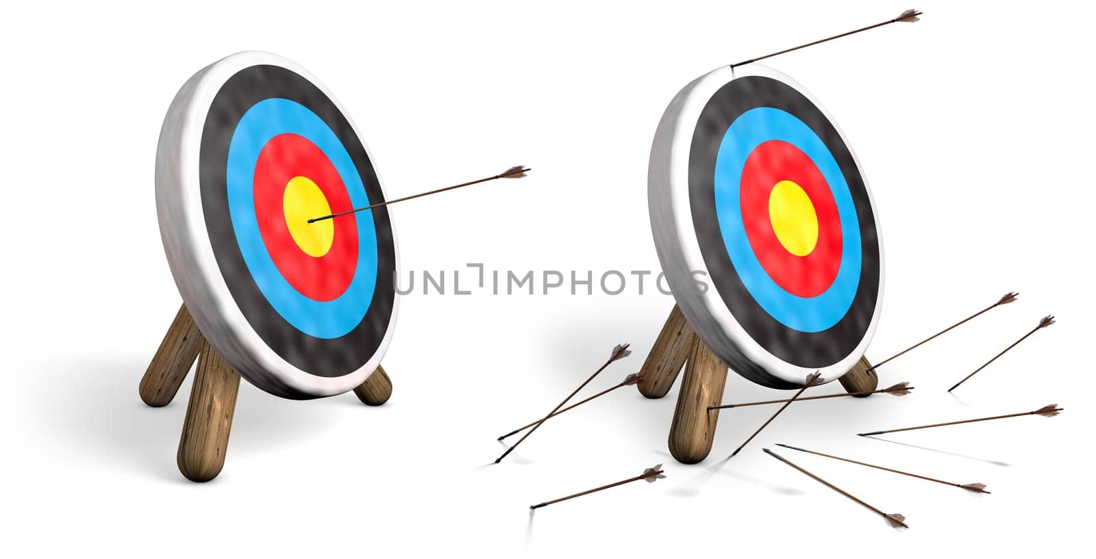 Two archery targets on white  one with bulls eyes and another with all arrows missing the target