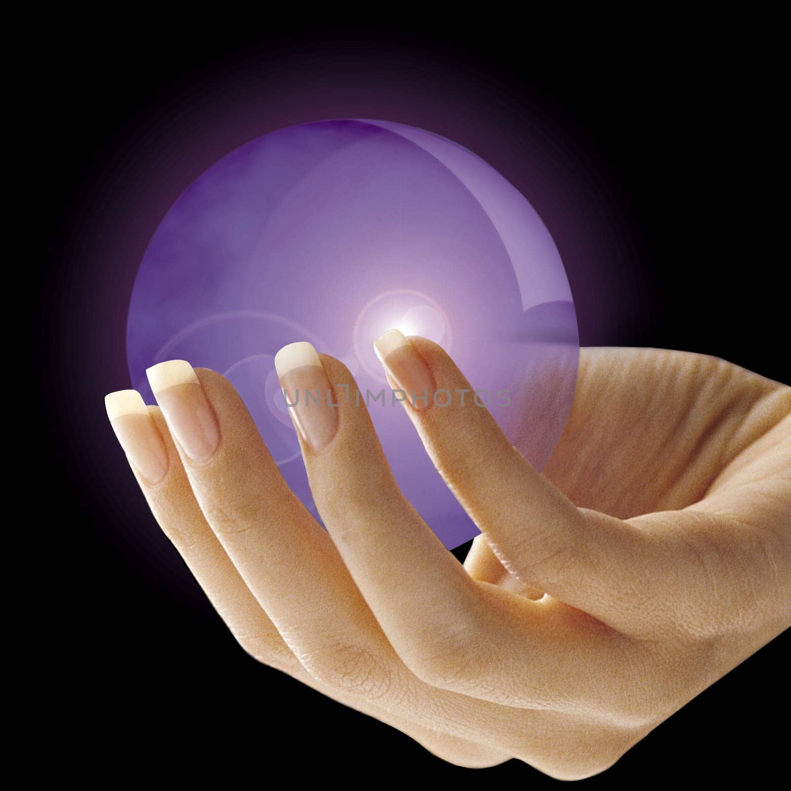 Side view of a woman's hand holding a purple crystal ball on a black background.