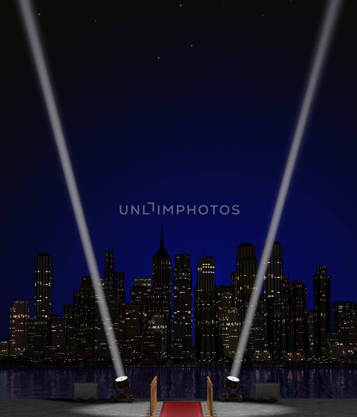 Background image for an entertainment event poster featuring searchlights against a skyline and night sky