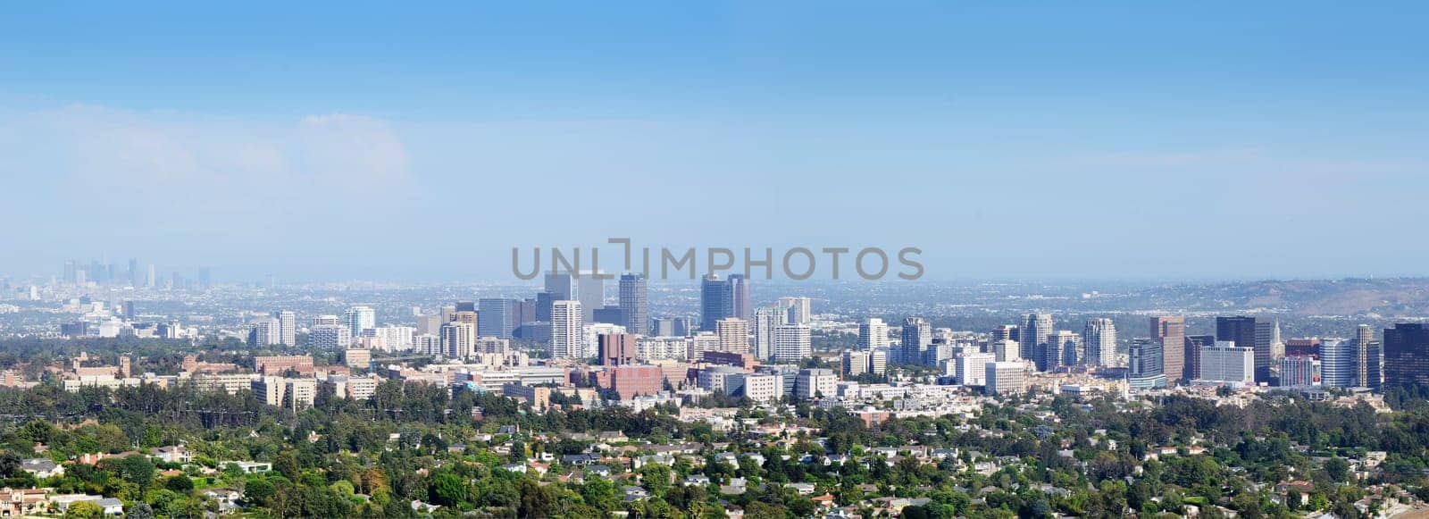 Panorama of downtown Santa Monica with downtown Los Angeles in the background