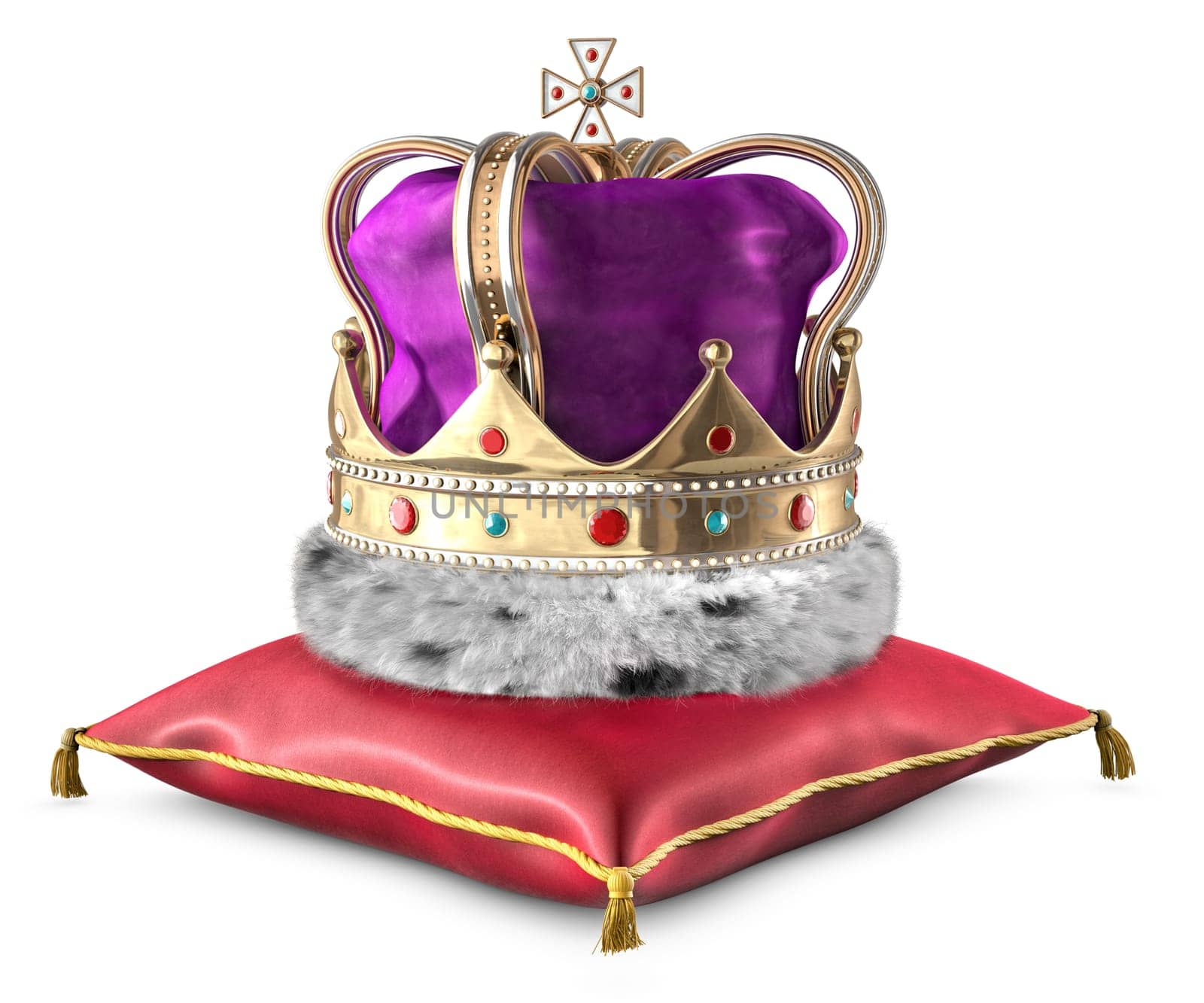 Illustration of a crown sitting on a red satin pillow on a white background.