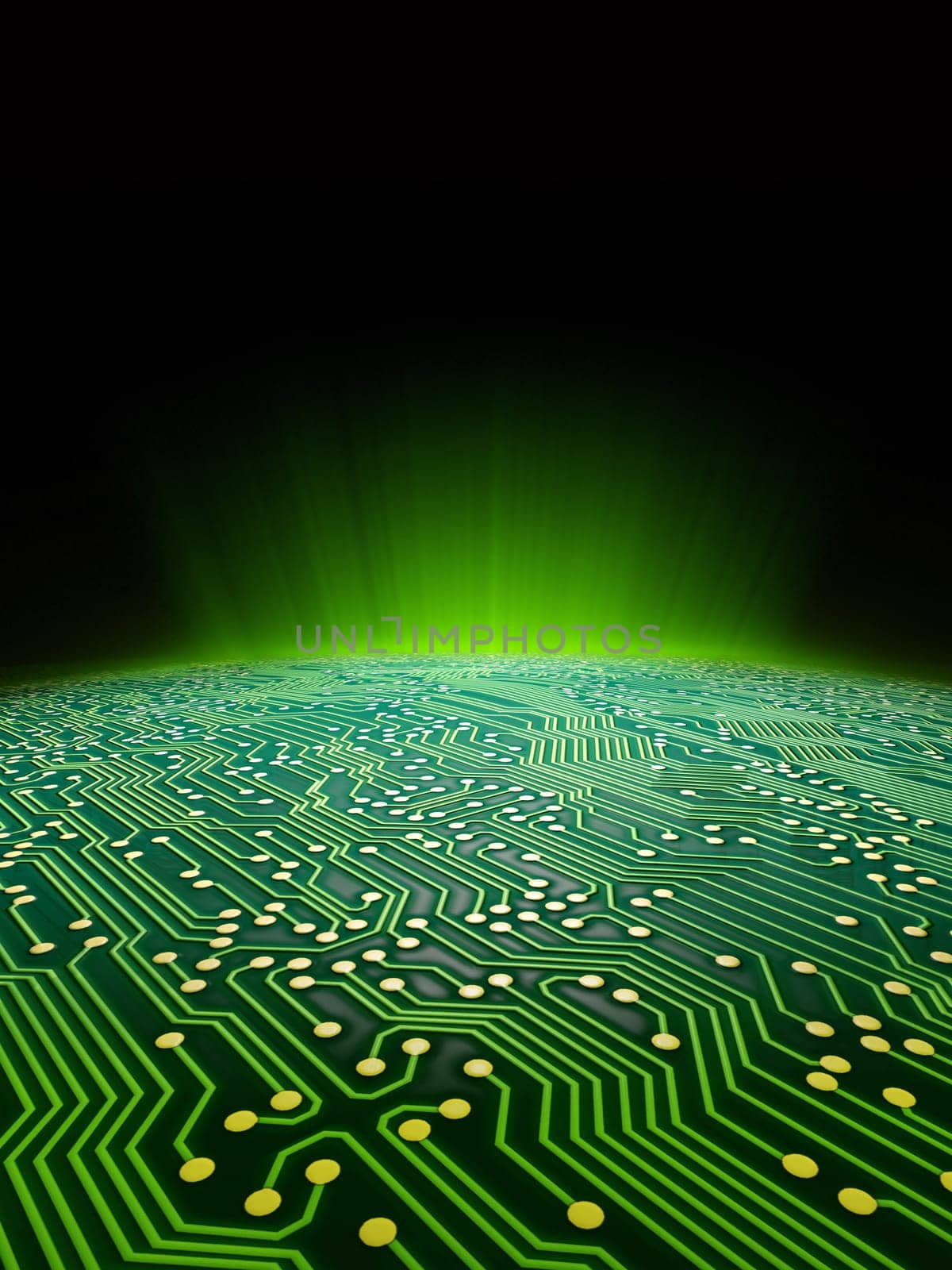 Digital landscape consisting of a glowing green sci-fi sunrise over a printed circuit board formated for use as a report cover for a technology firm