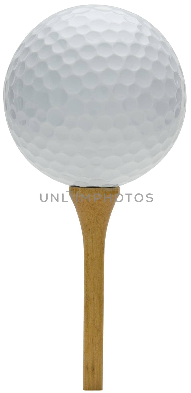 Close up of a golf ball and tee on a white background.