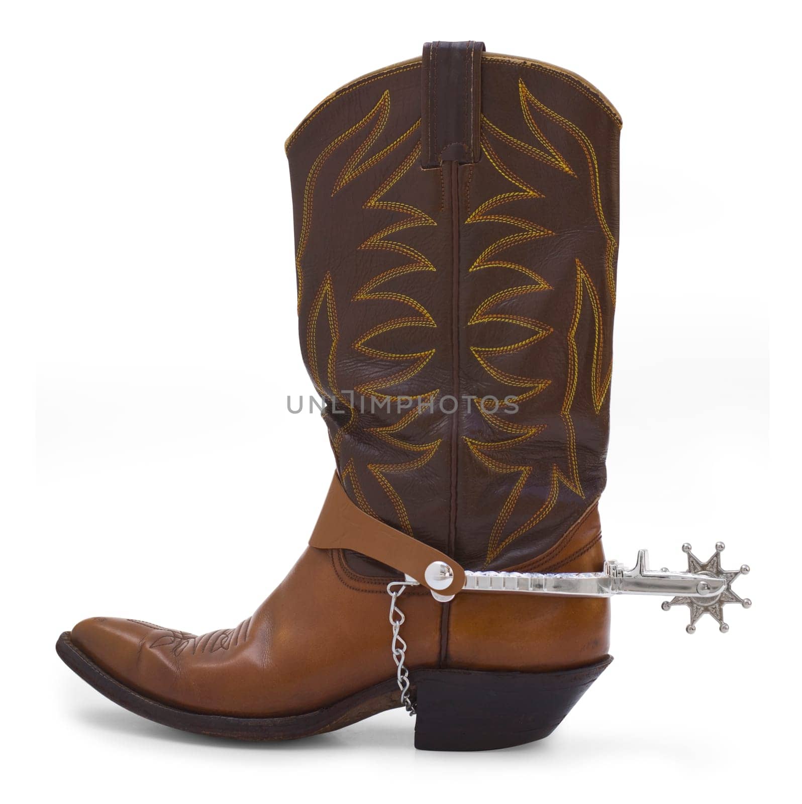 Side view of a brown cowboy boot and silver spur on a white background.