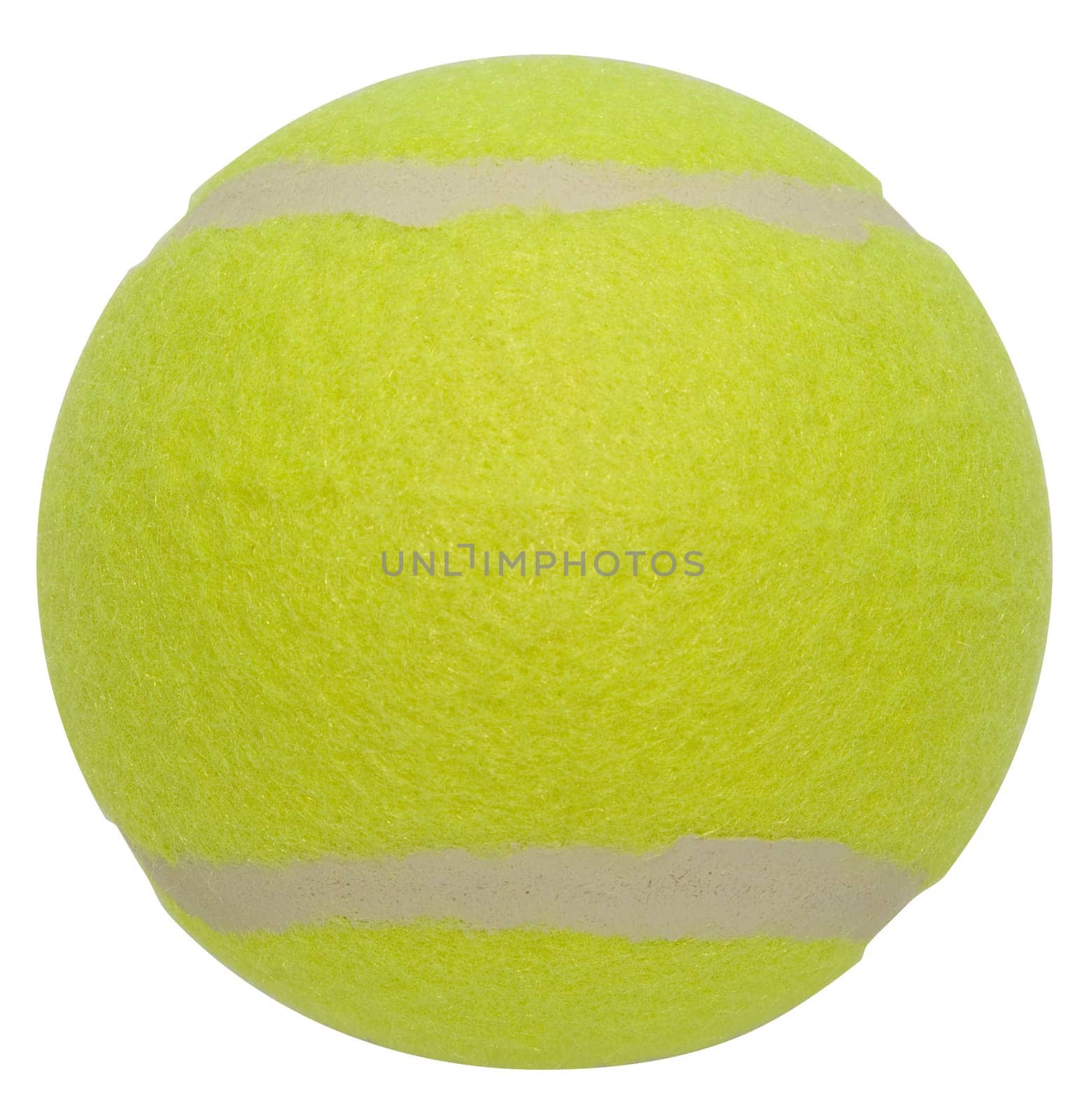 Close up of a tennis ball on a white background.