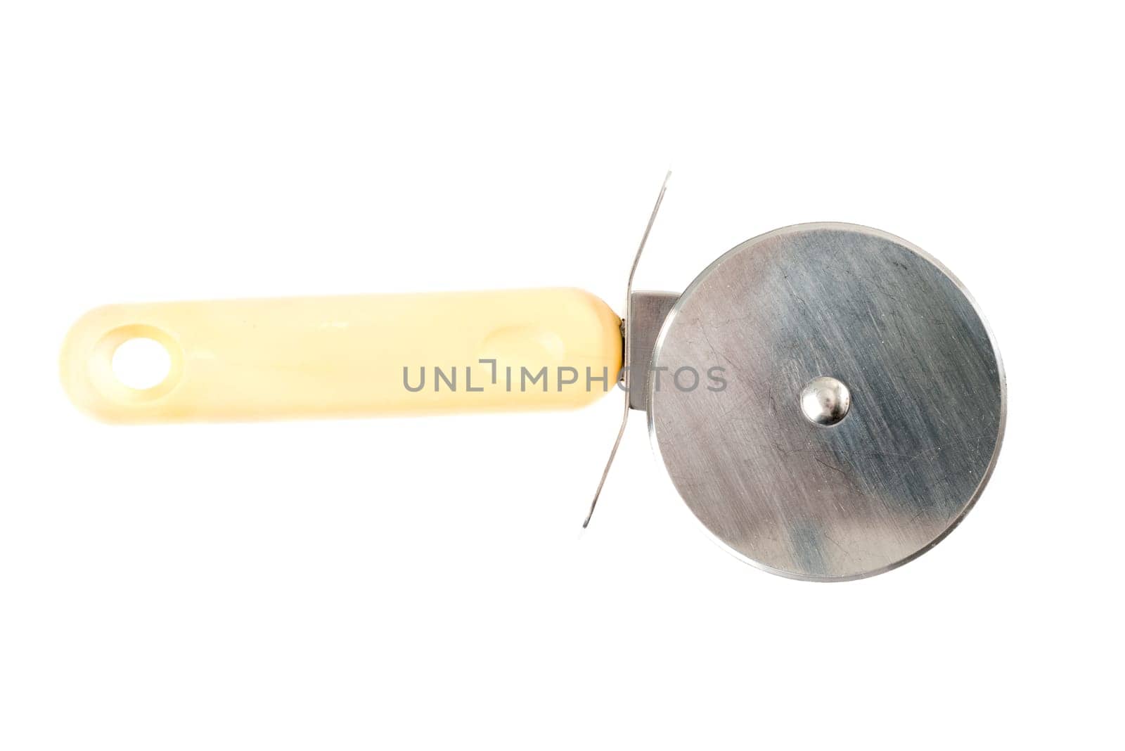 Pizza cutter in front of white background