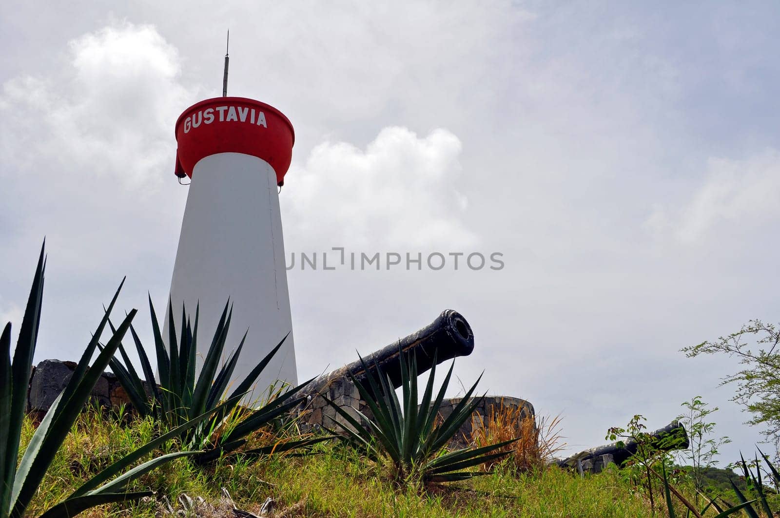 Tower, cannons and defense fortification in the caribbean city of Gustavia, Saint Barthelemy.