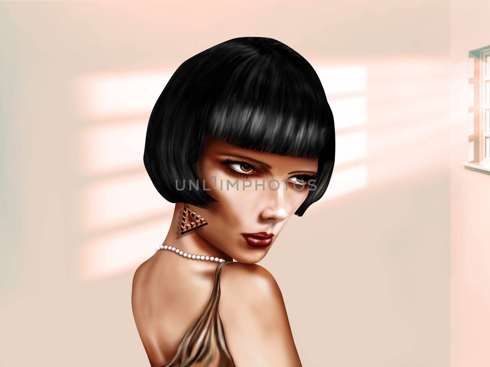 Illustration of a woman with a short black bob hairstyle