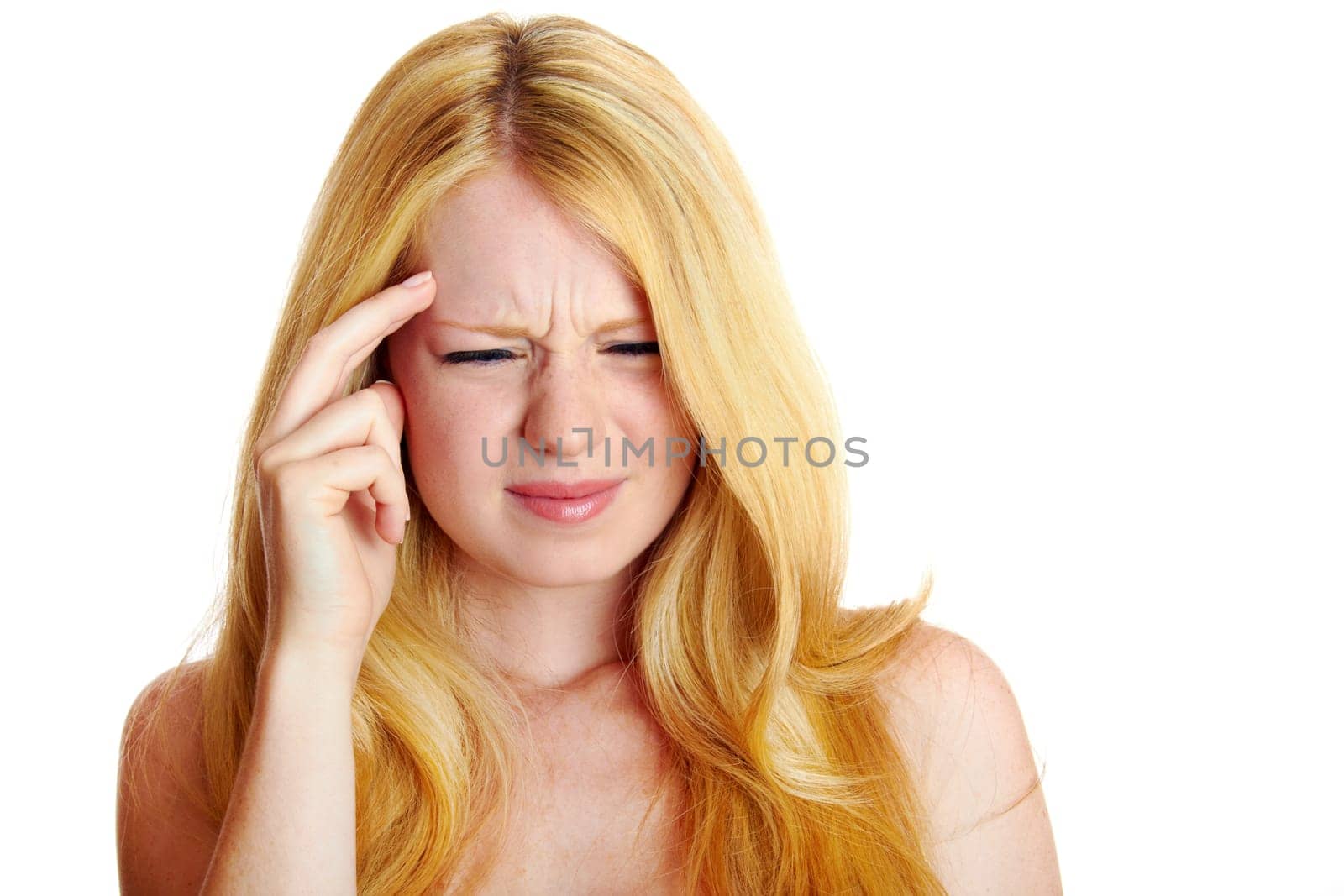 blonde girl with headache isolated on white background