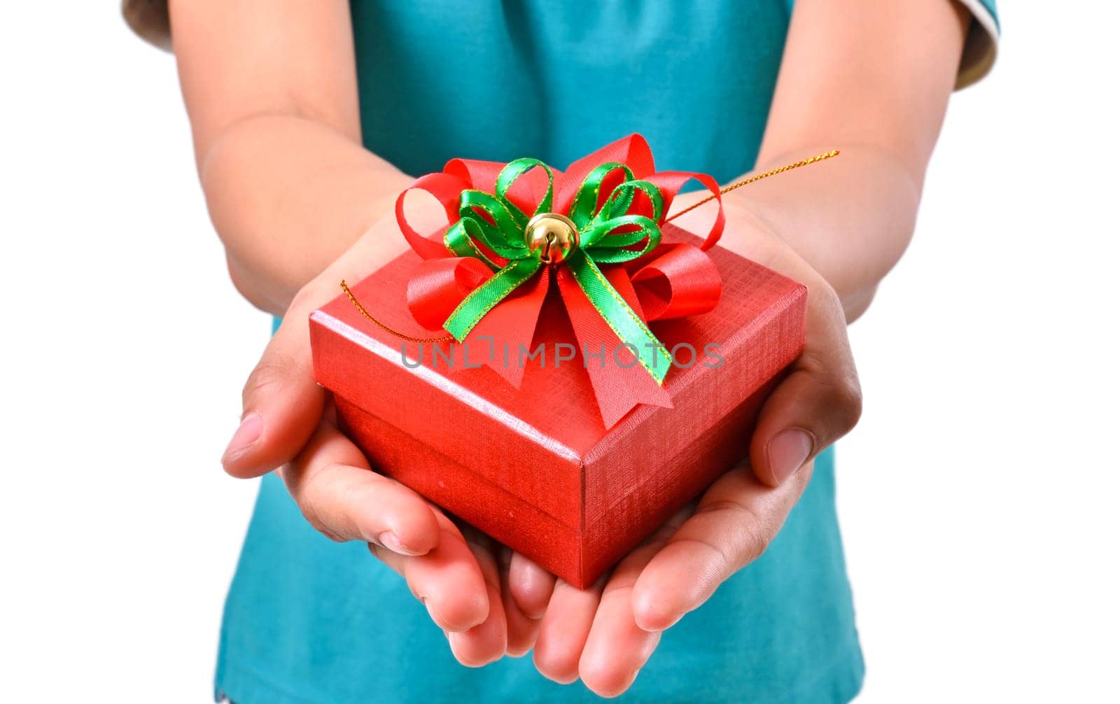 woman smile and hold gift box in hands Isolated on white background