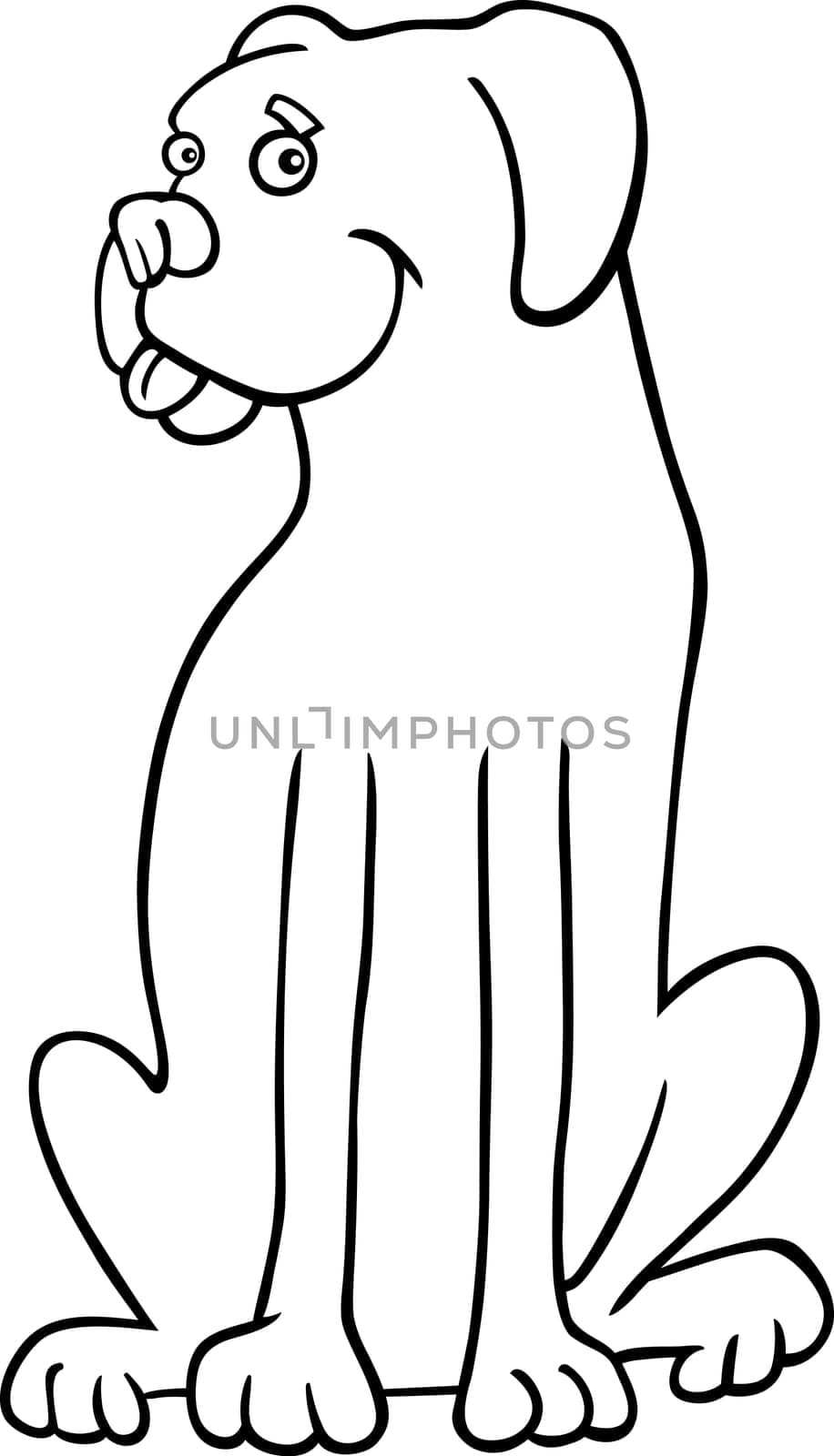 Cartoon Illustration of Funny Purebred Boxer or Bulldog Dog for Coloring Book