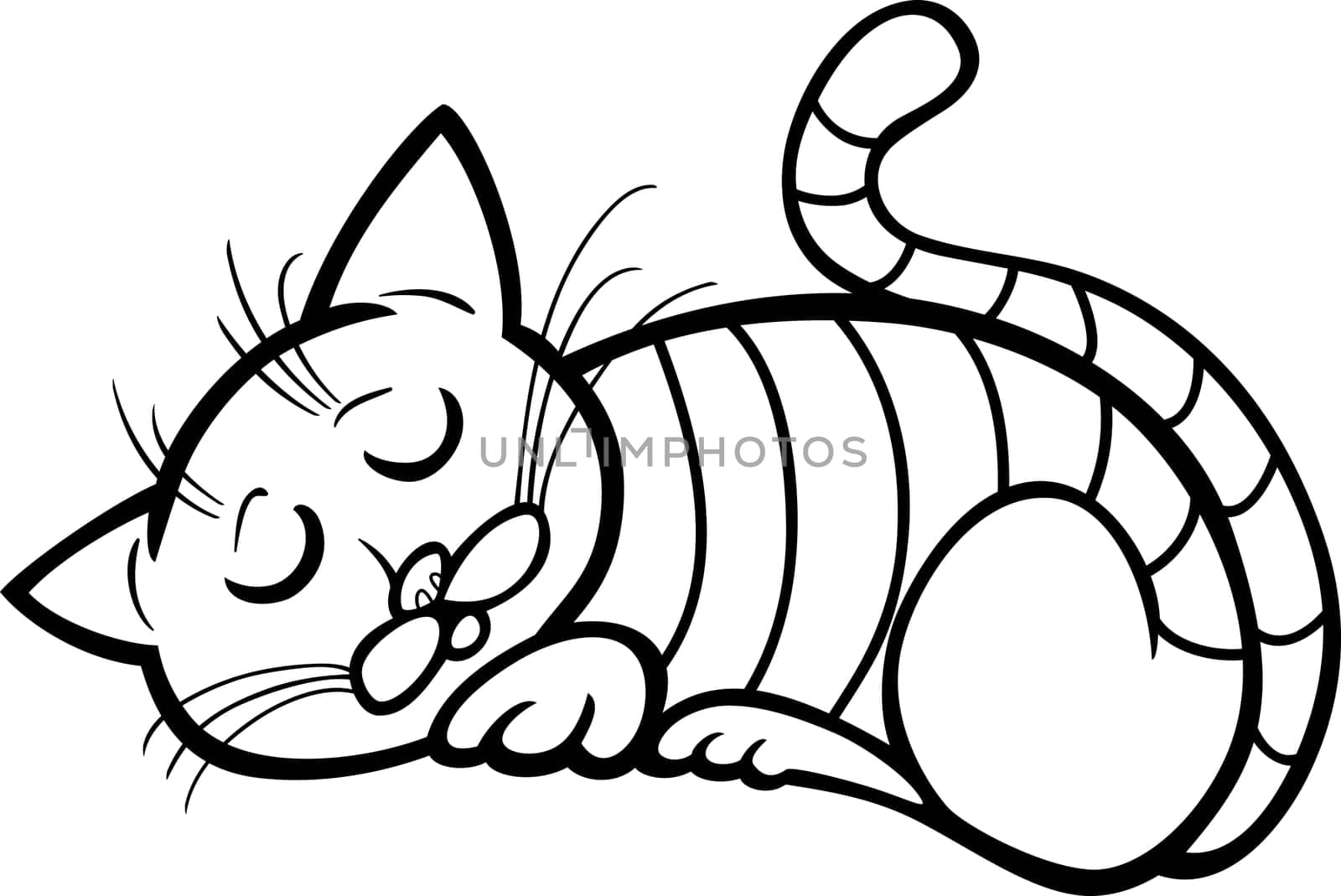 Cartoon Illustration of Sleeping Tabby Cat for Coloring Book